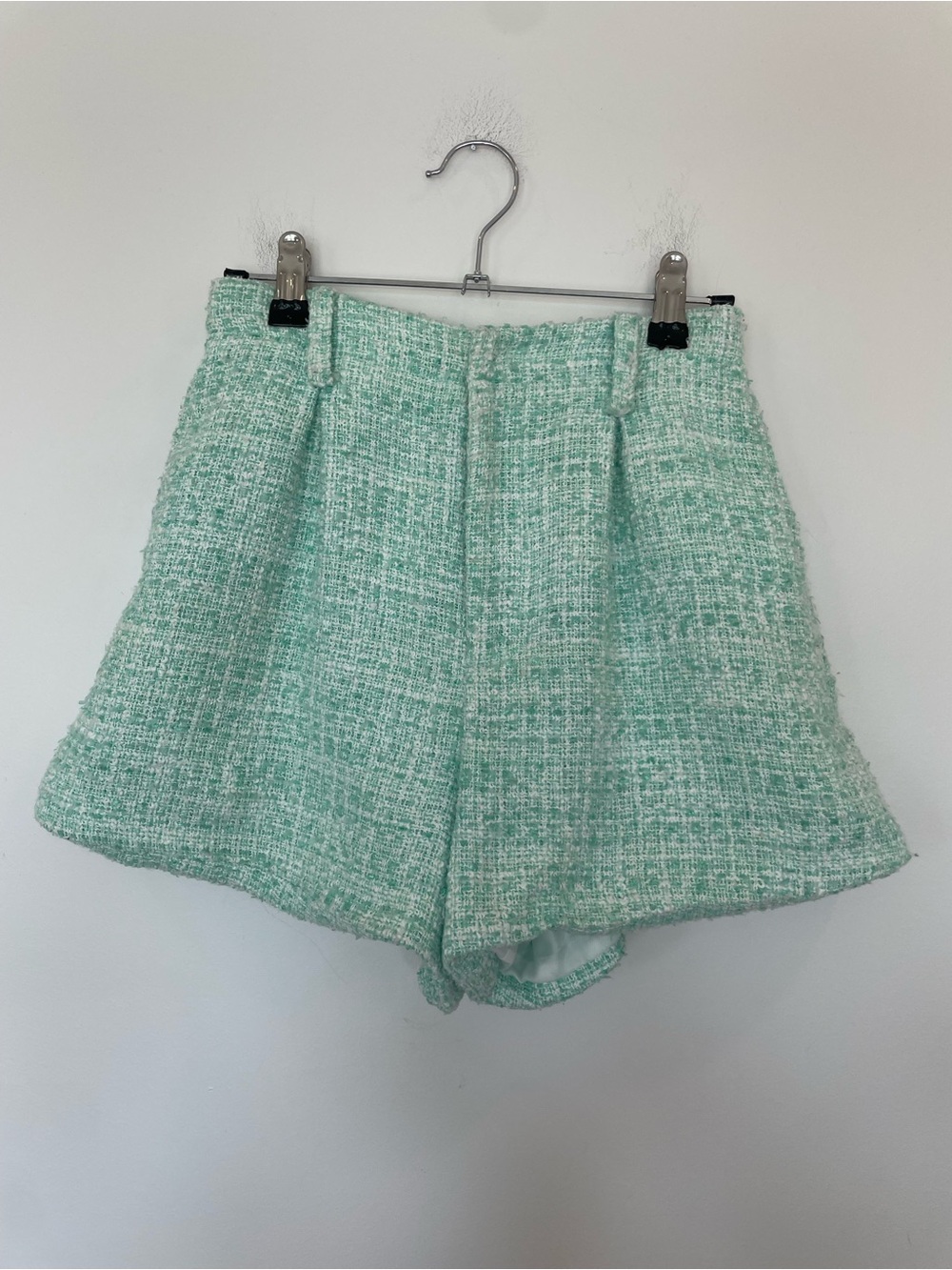 Ronny Kobo Mint Green Tweed Shorts XS Bouclé High Waist Preppy Luxury Coastal